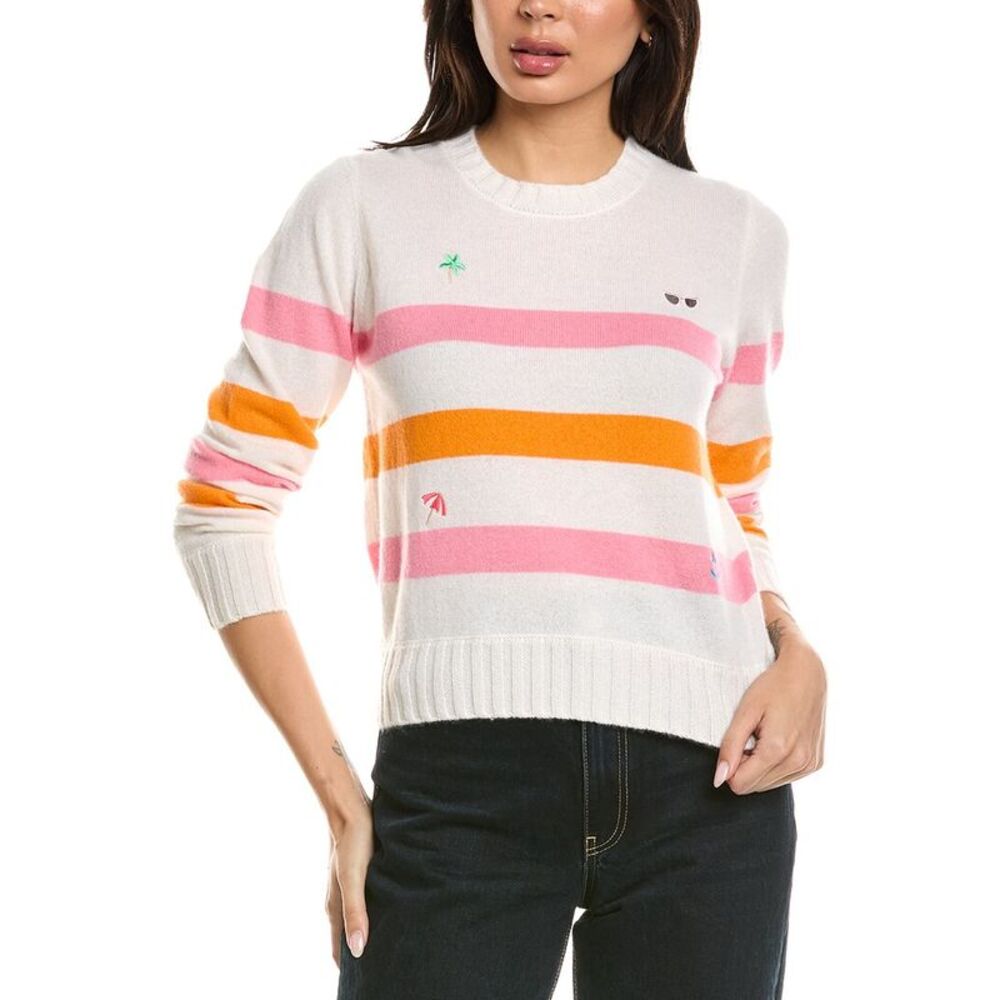 Brodie Cashmere Womens Beach Embroidery Crewneck 100% Cashmere Sweater, White